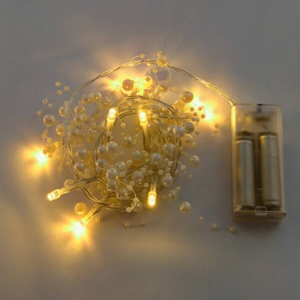 DECOLED LED světýlka na baterie, bílé perly, 1,3 m, teple bílá, 10 diod, čirý kabel, IP20 interiér, 2,× AA