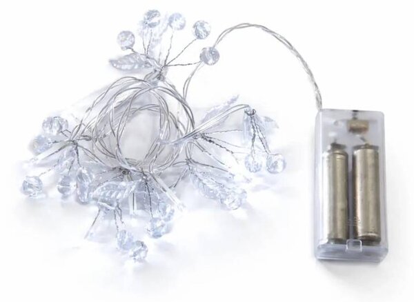 DECOLED LED světýlka na baterie, krystalky, 1,3 m, ledově bílá, 10 diod, čirý kabel, IP20, 2 × AA