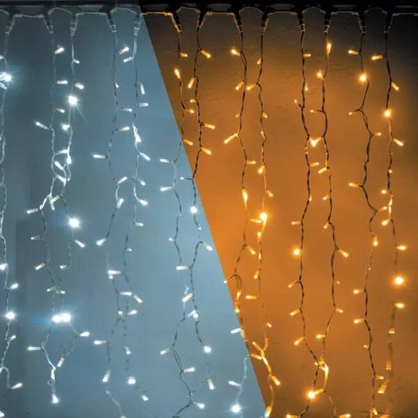 DECOLED Easy Fix LED světelný závěs venkovní, 100 × 300 cm, bi-color přepínací teplá a ledová bílá, 300 diod, bílý kabel, IP44, prodlužovací