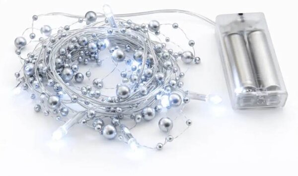 DECOLED LED světýlka na baterie, perly stříbrné, 1,3 m, ledově bílá, 10 diod, čirý kabel, IP20 interiér, 2 × AA