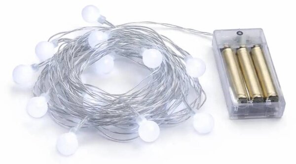 DECOLED LED světýlka na baterie, kouličky, 2,1 m, ledově bílá, 10 diod, IP20 interiér, 3 × AA
