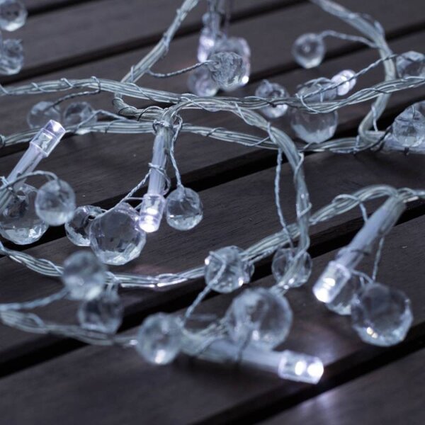 DECOLED LED světýlka na baterie, krystalky, 1,3 m, ledově bílá, 10 diod, čirý kabel, IP20, 2 × AA