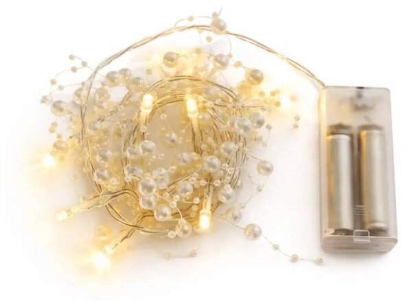 DECOLED LED světýlka na baterie, bílé perly, 1,3 m, teple bílá, 10 diod, čirý kabel, IP20 interiér, 2,× AA