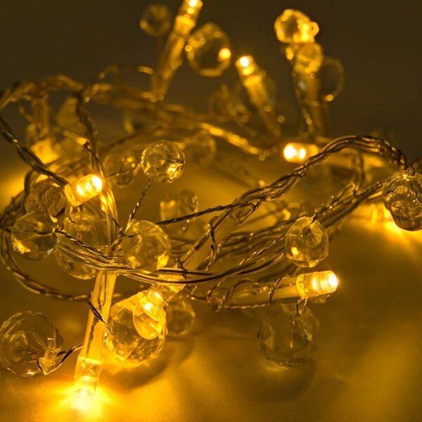 DECOLED LED světýlka na baterie, krystalky, 1,3 m, teple bílá, 10 diod, čirý kabel, IP20 interiér, 2 × AA