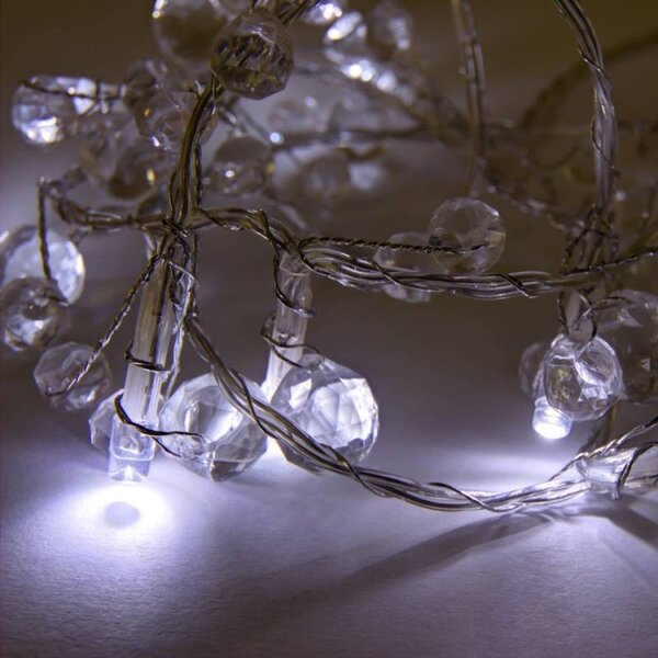DECOLED LED světýlka na baterie, krystalky, 1,3 m, ledově bílá, 10 diod, čirý kabel, IP20, 2 × AA