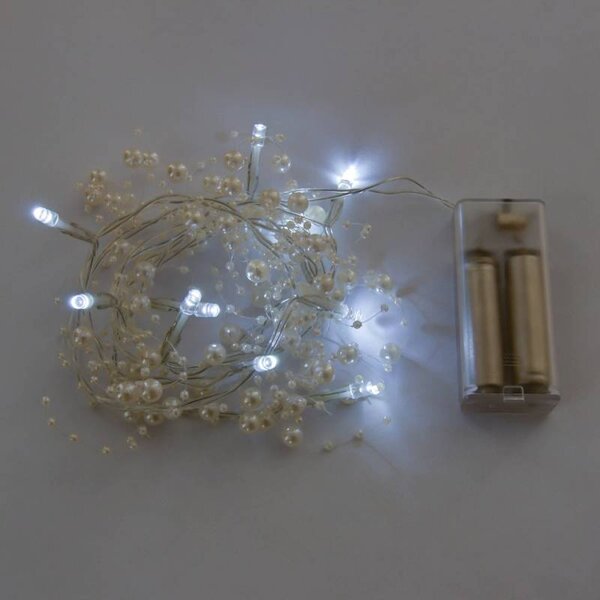 DECOLED LED světýlka na baterie, bílé perly, 1,3 m, ledově bílá, 10 diod, IP20 interiér, 2 × AA