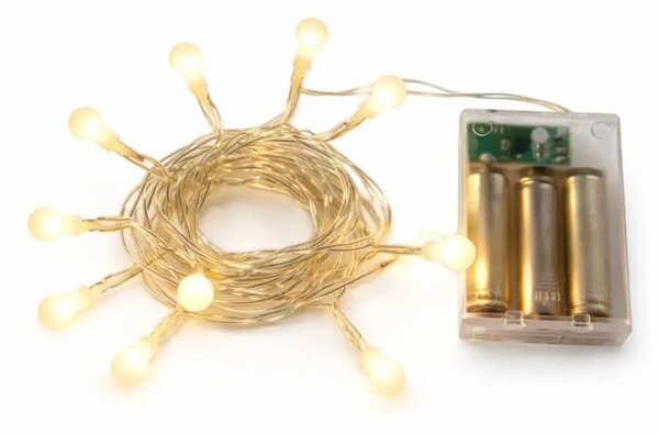 DECOLED LED světýlka na baterie, kouličky, 2,1 m, teple bílá, 10 diod, čirý kabel, IP20 interiér, 3 × AA