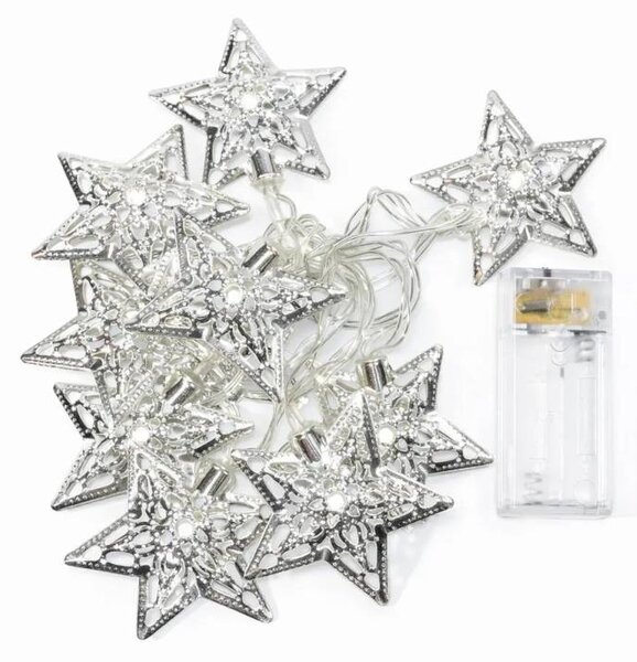 DECOLED LED světýlka na baterie, 1,3 m, kovové hvězdy, ledově bílá, 10 diod, čirý kabel, IP20 interiér, 2× AA