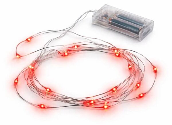 DECOLED LED světýlka na baterie, kapičky, 2,30 m, červená, 20 diod, drátek, IP20 interiér, 3 × AA