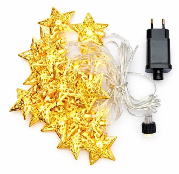 DECOLED LED světelný řetěz, kovové hvězdy, 7 m, vnitřní, teple bílá, 20 diod, čirý kabel, IP20, vč. zdroje