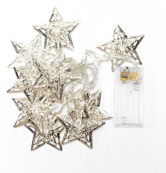 DECOLED LED světýlka na baterie, 1,3 m, kovové hvězdy, ledově bílá, 10 diod, čirý kabel, IP20 interiér, 2× AA