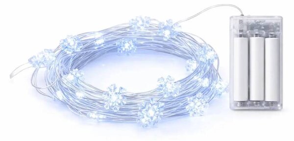 DECOLED LED světýlka na baterie, vločky, 2,3 m, ledově bílá, 20 diod, čirý kabel, IP20 interiér, 3 × AA