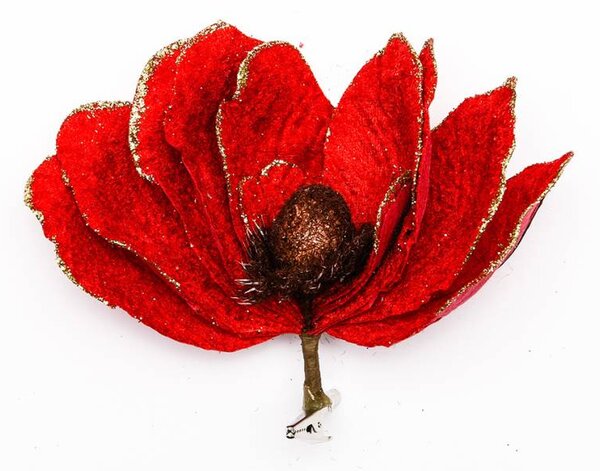 DECOLED Dekorace umělý květ se svorkou, červená, 20 cm, látka