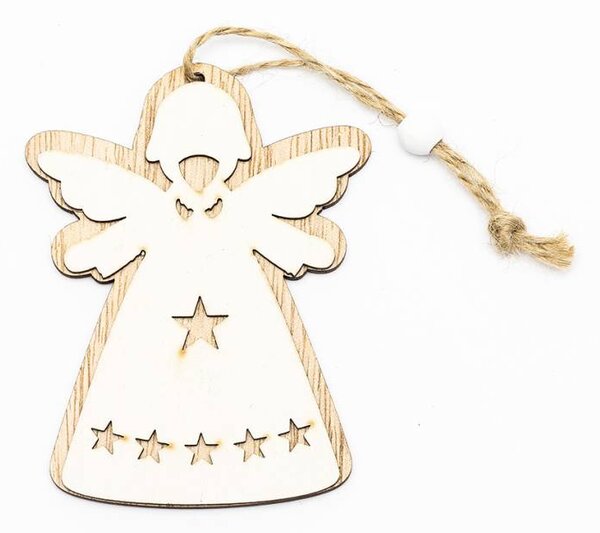 DECOLED Vánoční dřevěná ozdoba na stromeček anděl 10 × 7,5 cm, závěsná