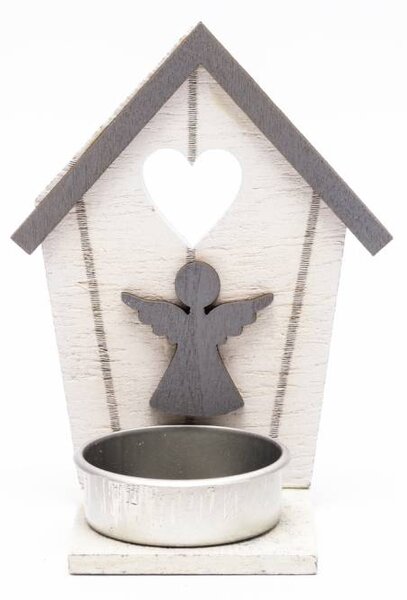 DECOLED Dřevěný svícen na čajové svíčky chaloupka s andělem 10,5 × 5 cm, šedo bílá