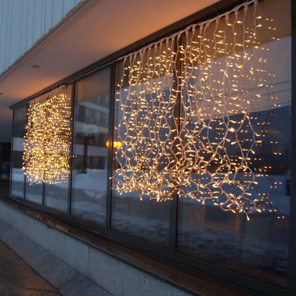 DECOLED Easy Fix LED světelný závěs venkovní, 100 × 150 cm, teple bílá s FLASH, 150 diod, bílý kabel, IP67, prodlužovací