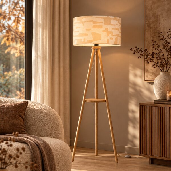 Dřevěná trojnožka stojací lampa s bílým a béžovým pruhovaným stínidlem 50cm - Lou