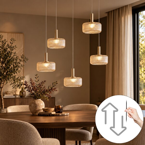Designové závěsné svítidlo růžové zlato s jantarovým sklem vč. LED, 3-stupňově stmívatelné, 5-světelné Easylift - Fiera