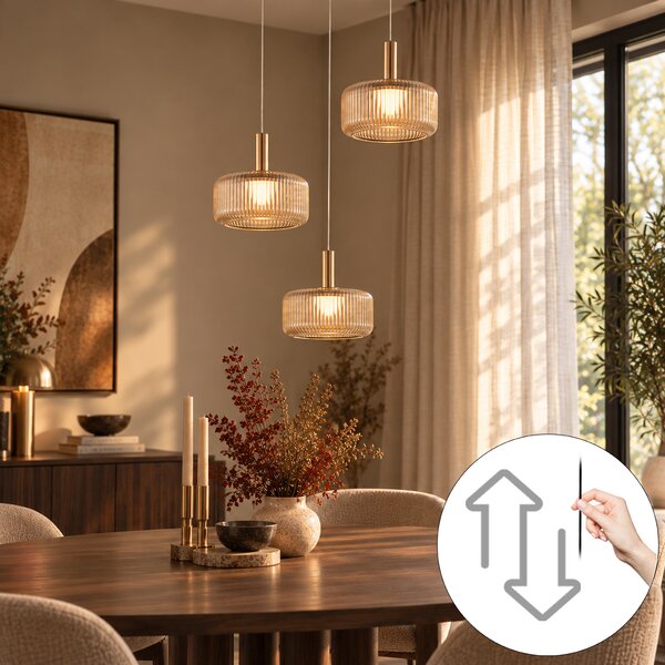 Designové závěsné svítidlo v barvě růžového zlata s jantarovým sklem vč. LED 3-stupňově stmívatelné 3-světelné Easylift - Fiera