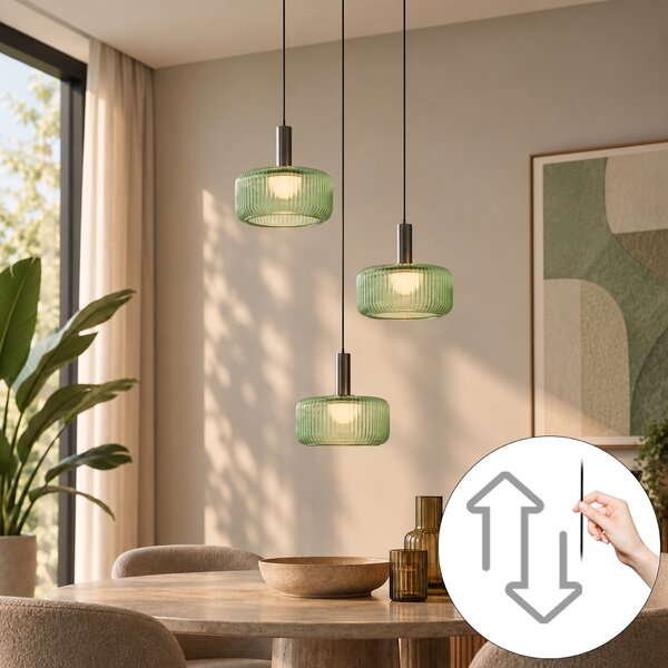 Designové závěsné svítidlo Fiera, kovově šedé se zeleným sklem, 3-světelné, s LED a 3-stupňovým stmíváním
