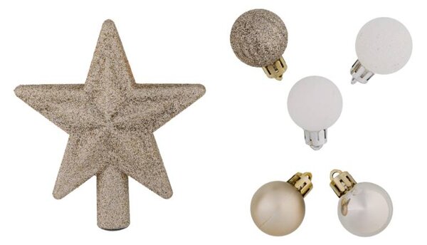 DECOLED Sada vánočních ozdob šampaň a bílá 3 cm plastové baňky a glitter špice, balení 28 baněk a 1 špice