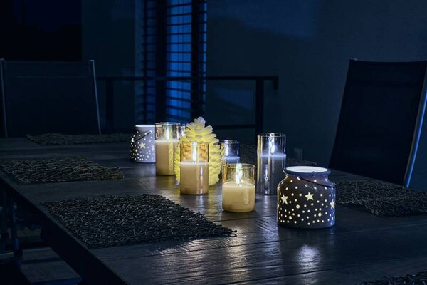 DECOLED Vánoční svícen na stůl 14 × 14 × 11,5 cm, bílý, keramický, IP44 venkovní