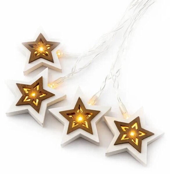 DECOLED LED světýlka na baterie, dřevěné hvězdičky, 1,8 m, teple bílá, 10 diod, čirý kabel, IP20 interiér, 2 × AA