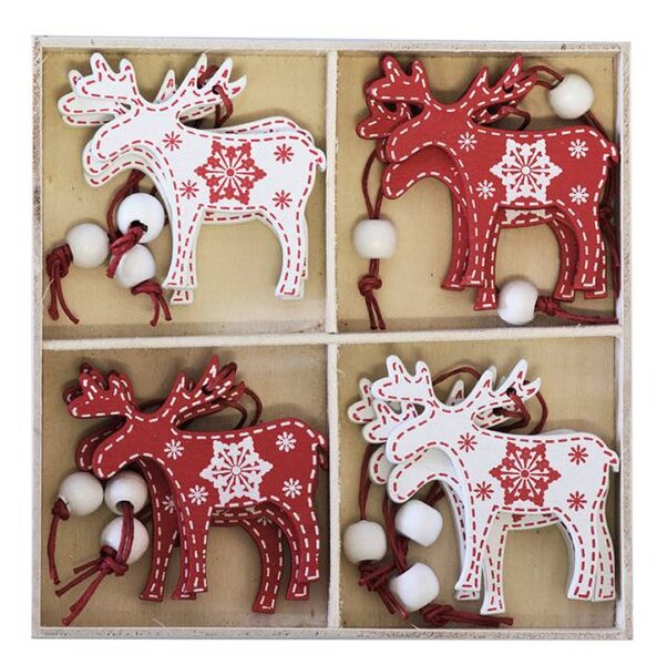 DECOLED Sada dřevěných vánočních ozdob sob 5 × 6 cm, červený a bílý, balení 12 ks