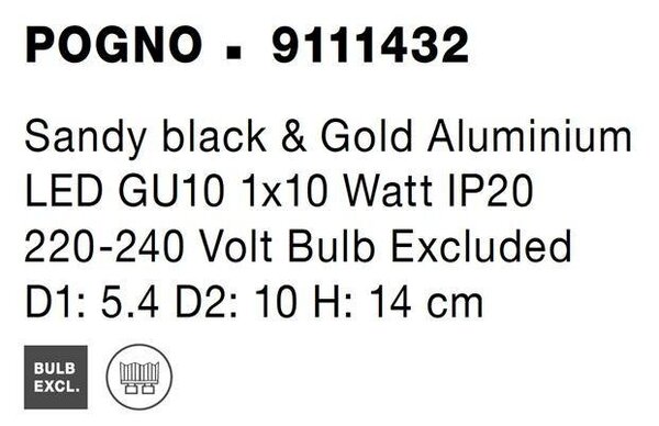 NV 9111432 Bodové svítidlo POGNO černá a zlatý hliník GU10 1x10W IP20 220-240V bez žárovky - NOVA LUCE