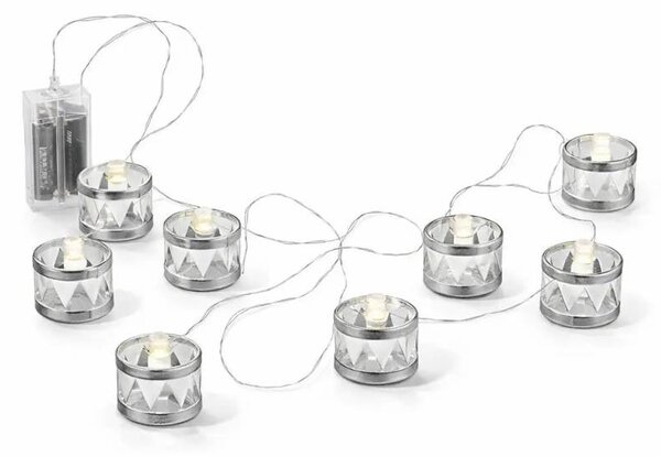 SIRIUS LED dekorační světelný řetěz na baterky 150 cm, stříbrné bubínky, teple bílá, 8 diod, interiér, 2× AA