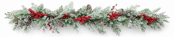 DECOLED 3D umělá vánoční girlanda na stůl s jehličím a červenými bobulemi, 270 × 15 cm, ojíněná