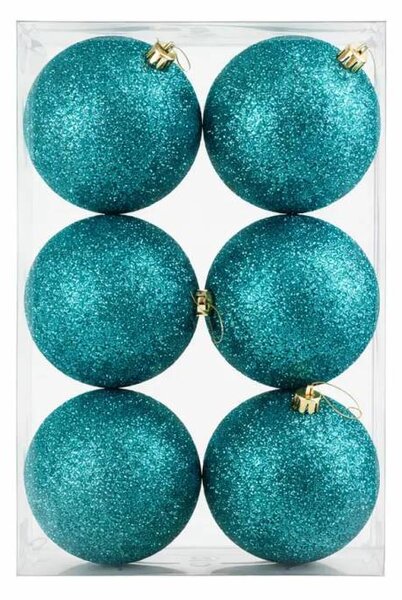 DECOLED Sada vánočních ozdob paví zelená 10 cm plastová koule glitter, balení 6 ks