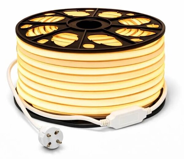 DECOLED Easy Fix LED Neon hadice venkovní, 50 m, D-TYP dvoustranný, teple bílá, 3000 diod, bílý kabel, IP44, cívka