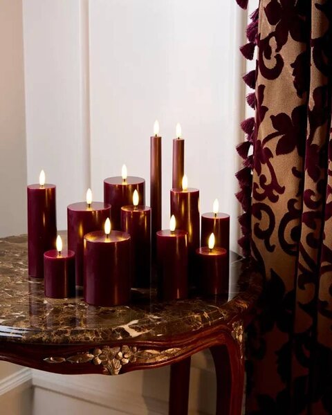 SIRIUS LED svíčky z pravého vosku dobíjecí Bordeaux, sada 3 ks, výška 10/12,5/15cm, ø 7,5 cm, vínová, bez stanice