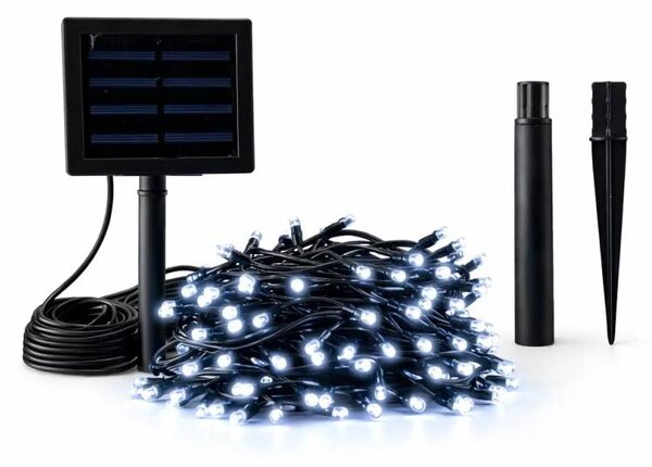 DECOLED LED venkovní solární světýlka na zahradu, 20 m, ledově bílá, 200 diod, černý kabel, IP44, solární panel