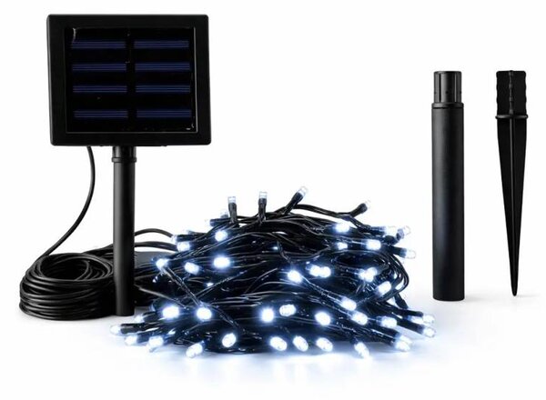 DECOLED LED venkovní solární světýlka na zahradu, 5 m, ledově bílá, 50 diod, černý kabel, IP44, solární panel