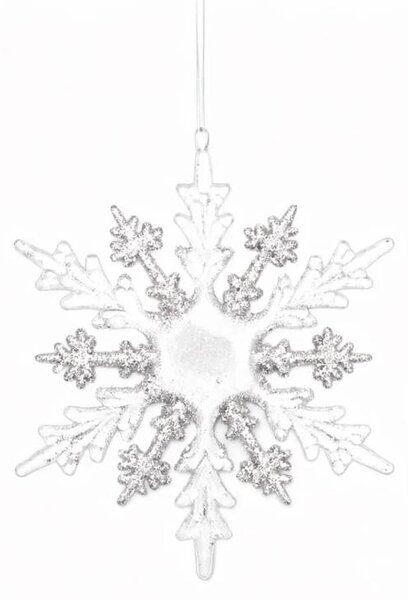 DECOLED Vánoční ozdoba na stromeček sněhová vločka 15 cm, akryl, závěsná, bílá a čirá
