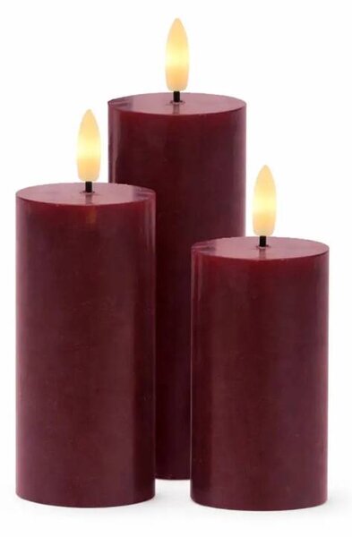 SIRIUS LED svíčky z pravého vosku dobíjecí Bordeaux, sada 3 ks, výška 10/12,5/15cm, ø 5 cm, vínová, bez stanice
