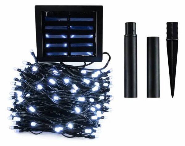 DECOLED LED venkovní solární světýlka na zahradu, 20 m, ledově bílá, 200 diod, černý kabel, IP44, solární panel