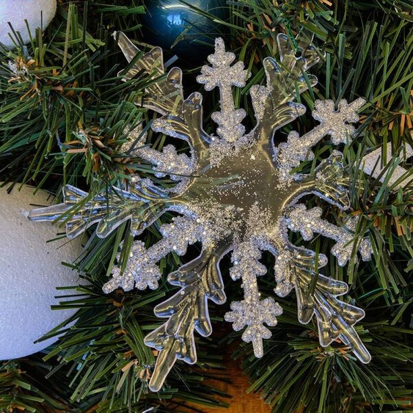 DECOLED Vánoční ozdoba na stromeček sněhová vločka 15 cm, akryl, závěsná, bílá a čirá