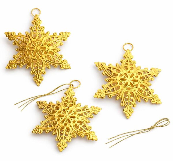 DECOLED Vánoční ozdoby na stromeček kovové vločky 10 × 7,7 cm, zlatá, balení 3 ks