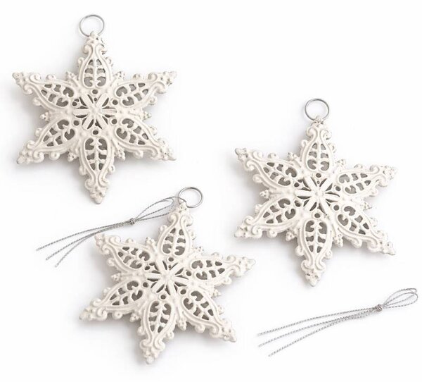 DECOLED Vánoční ozdoby na stromeček kovové vločky 10 × 7,7 cm, bílá, balení 3 ks