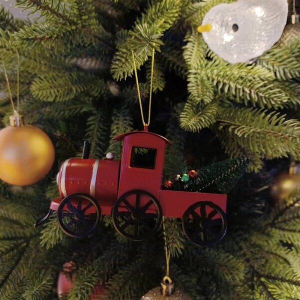 DECOLED Vánoční ozdoba kovová lokomotiva, 15,2 × 4,5 × 8,2 cm, závěsná, červená