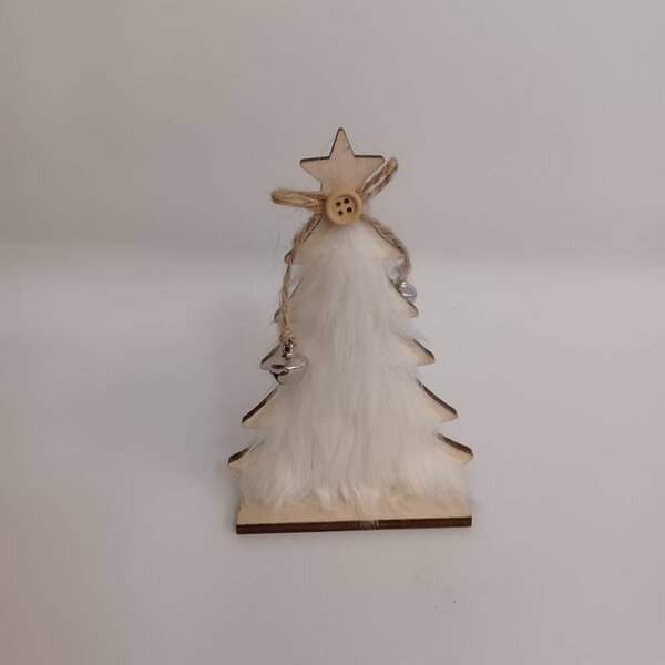 DECOLED Dřevěná dekorace na stůl stromeček s rolničkami, 8,5 × 4,5 × 14 cm, stojící