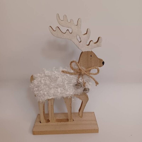 DECOLED Dřevěná vánoční dekorace na stůl jelen s rolničkami, 12,5 × 20,5 cm, bílá, stojící
