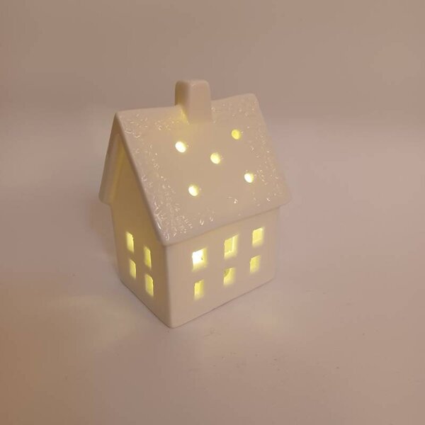 DECOLED LED dekorace keramický domeček 7 × 6 × 10 cm, teple bílá, 2× LR44