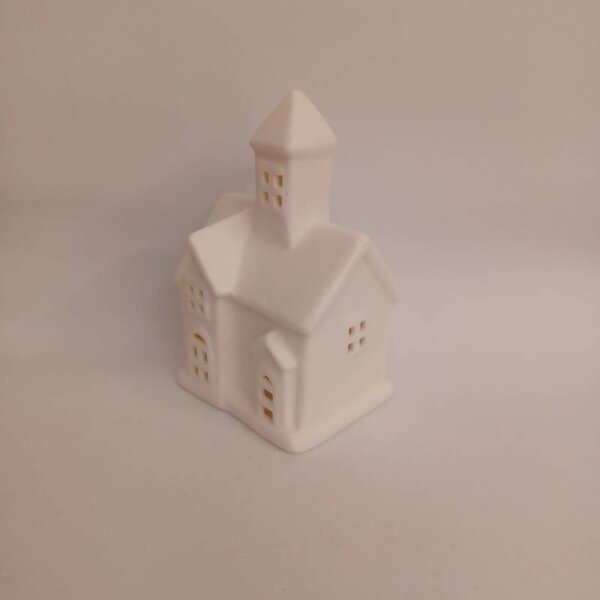 DECOLED LED dekorace kostelíček na baterie 7,5 × 6 × 12 cm, keramický, LR44, teple bílá