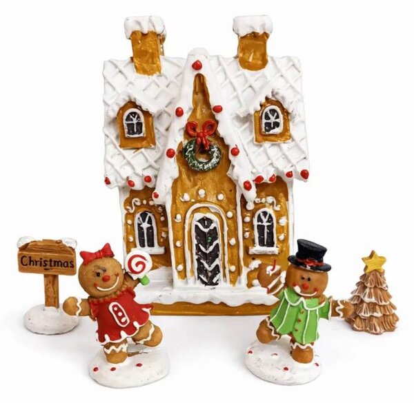 DECOLED Dekorace perníková chaloupka a perníčky 20,3 × 17,4 × 7,5 cm, IP20, polyresin umělá pryskyřice
