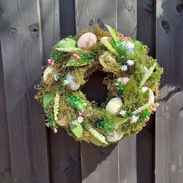 DECOLED Velikonoční věnec na dveře, 30 × 30 × 8 cm, traviny a vajíčka, venkovní