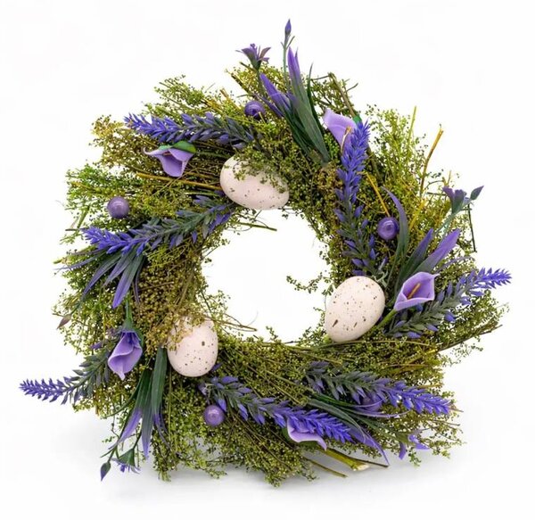 DECOLED Velikonoční věnec na dveře 25 × 25 × 8 cm, zelený věnce, fialové květy